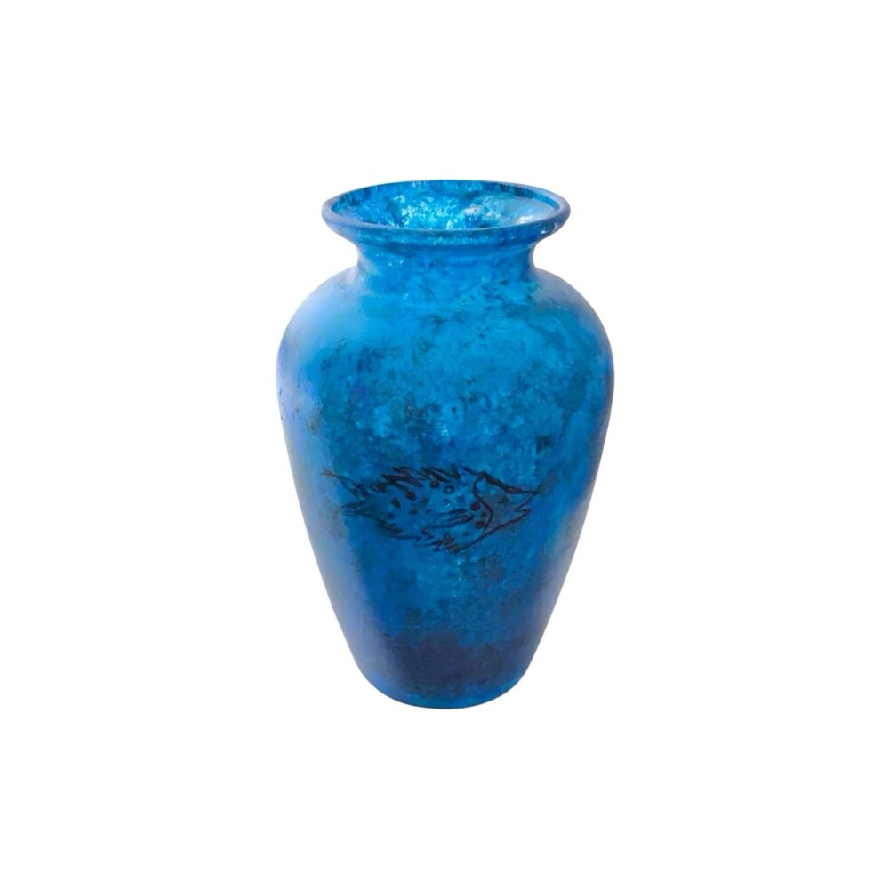 Vintage Hand Blown Cobalt Blue Art Glass Vase Mottled Fish Motif Coastal 5.25”